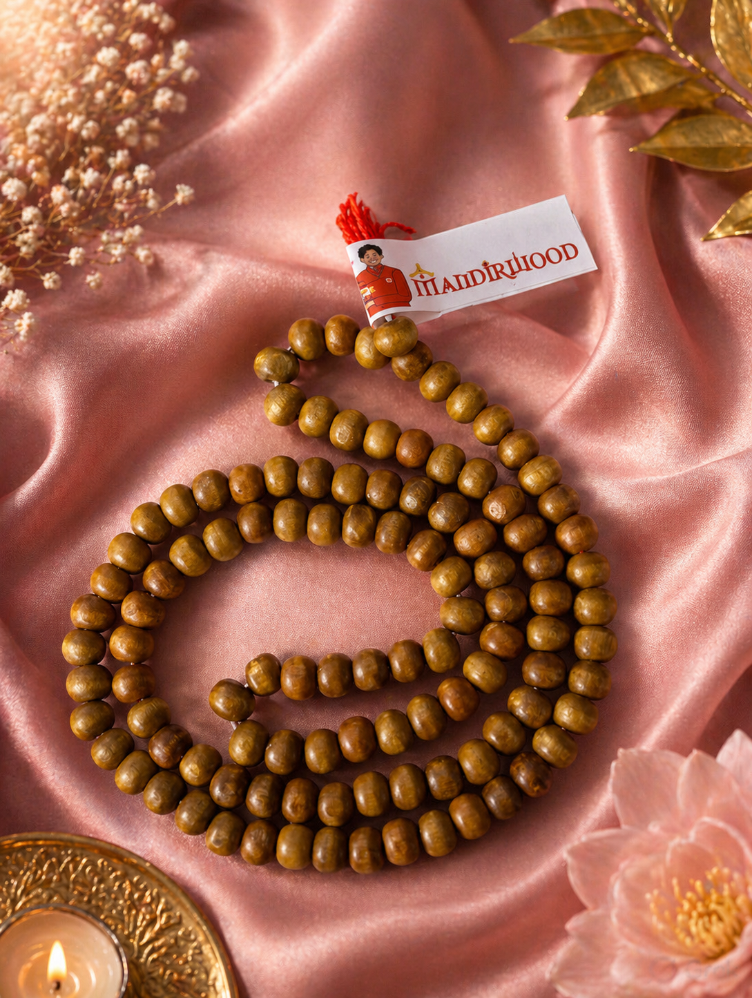 Mandirwood Authentic Brown Sandalwood Mala Prayer Beads, Meditation, Calm Mind, Positive Energy