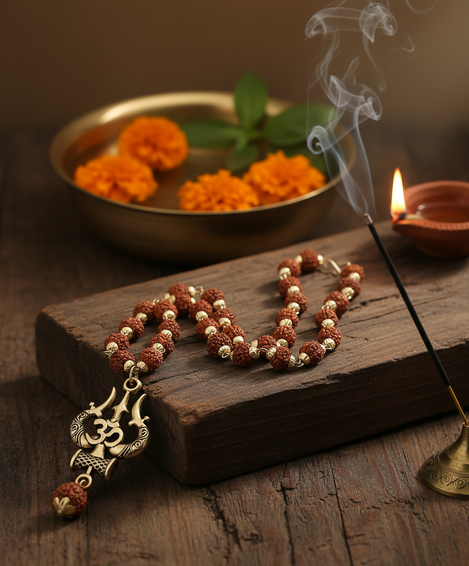 Mandirwood Natural Rudraksha Trishul Pendant Necklace, Authentic Shiv Jewelry for Meditation, Calm Mind Aura