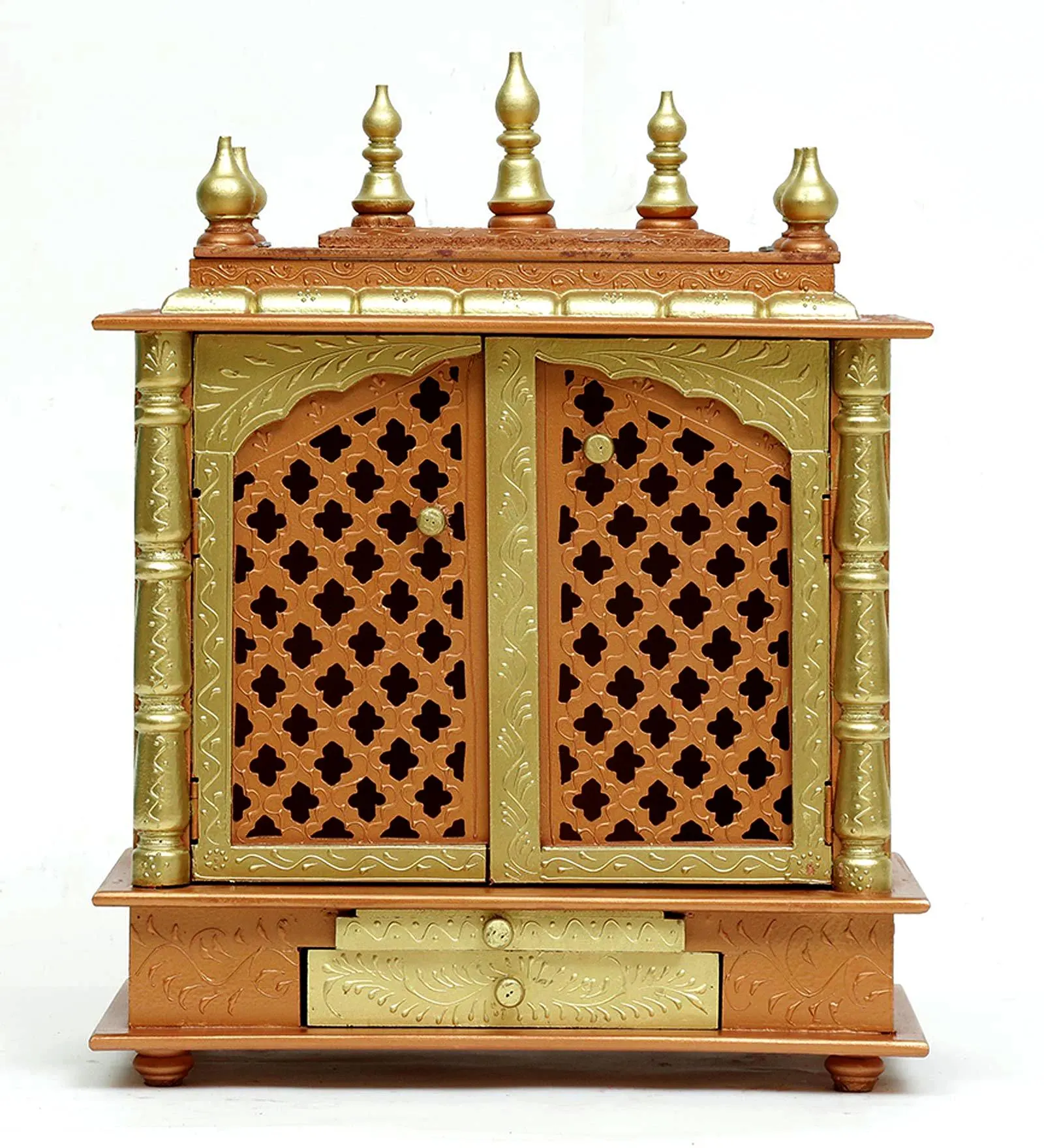 Mandirwood Gold Orange Wooden MDF Mandir with Drawers – Handcrafted Hindu Temple for Home Pooja, Decorative Spiritual Decor, 24x12x30 Inch