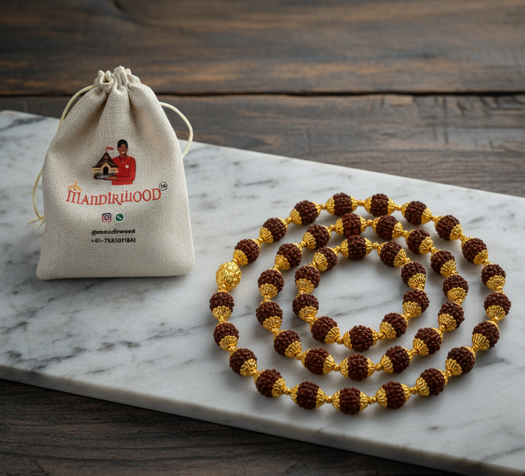 4-1.png Mandirwood Gold Plated Rudraksha Mala, 108 Beads, Meditation, Spiritual Necklace - Image 1