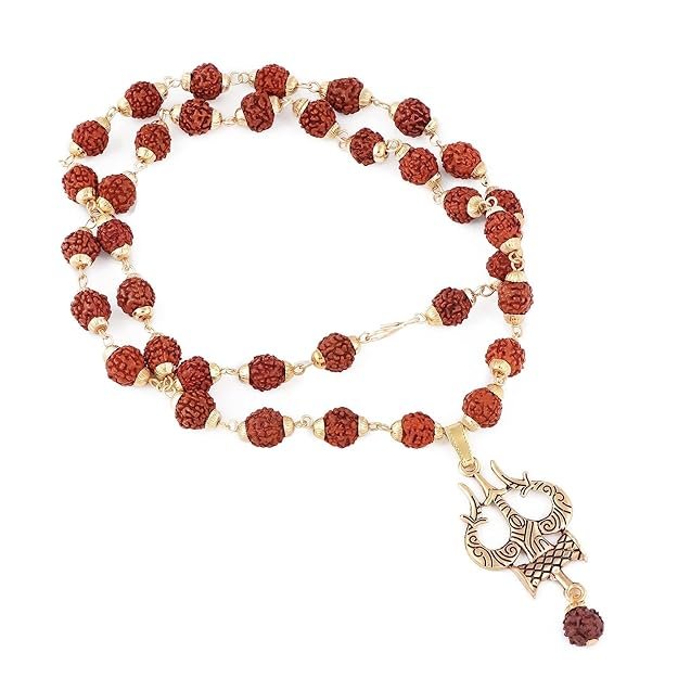 Rudraksh-Mala-With-Trishul.jpg Mandirwood Rudraksh Om Trishul Damru Pendant - Image 1