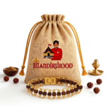 Mandirwood Rudraksha Beaded Bracelet with Golden Finish, Traditional Spiritual Bracelet with Mandirwood Jute Potli Bag for Meditation, Prayer, Daily Wear & Gifting