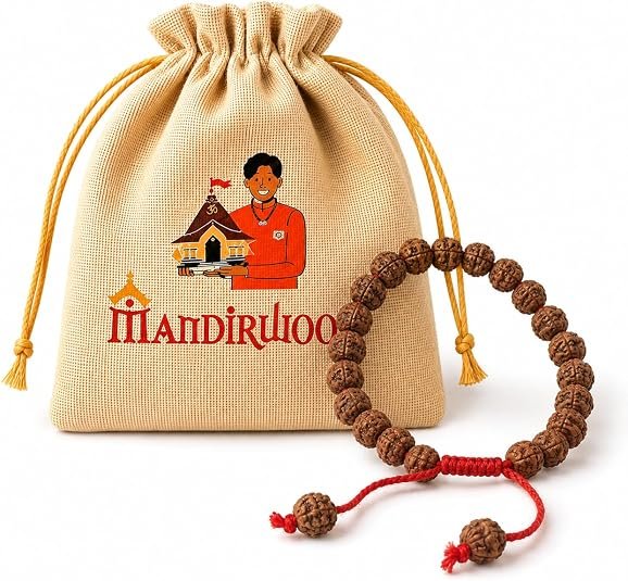 1 Mandirwood Saffron Rudraksha Bracelet with Jute Potli Bag | Authentic Adjustable Panchmukhi Rudraksha Bracelet for Meditation, Yoga, Prayer & Daily Wear - Image 1