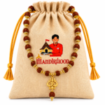 Mandirwood Rudraksha Mala with Om Trishul Pendant, Spiritual Necklace with Storage Potli Bag, Beaded Prayer Mala for Meditation, Yoga, Chanting & Daily Wear
