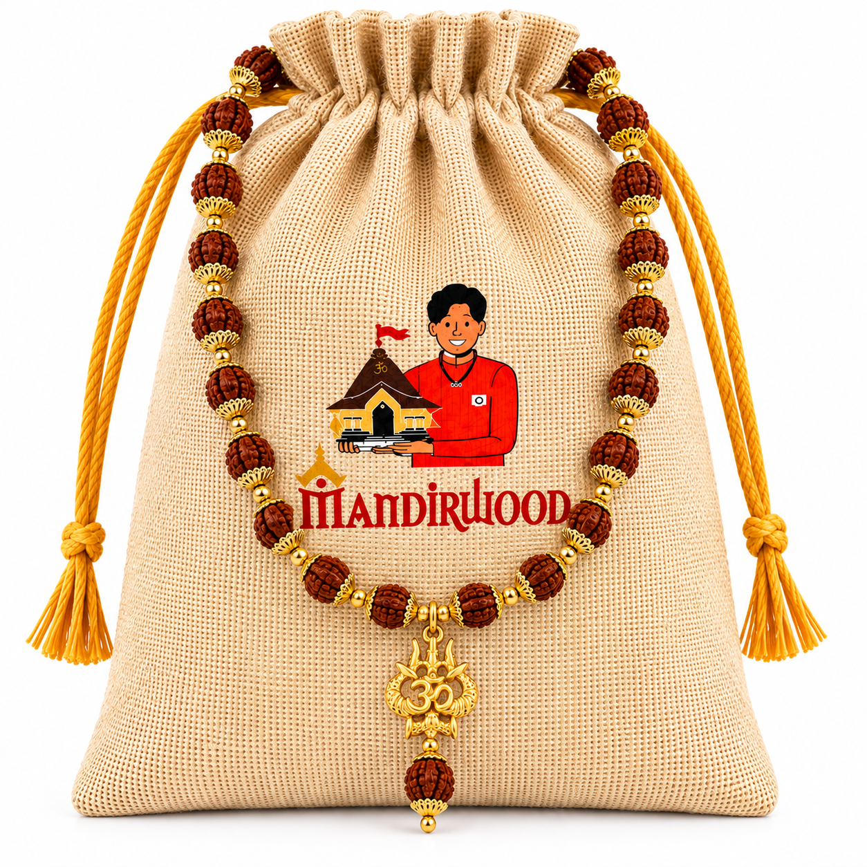 1 (6) Mandirwood Rudraksha Mala with Om Trishul Pendant, Spiritual Necklace with Storage Potli Bag, Beaded Prayer Mala for Meditation, Yoga, Chanting & Daily Wear - Image 1