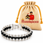 Mandirwood Silver Beaded Bracelet with Black Beads and Decorative Silver Finish, Stylish Spiritual Bracelet with Mandirwood Jute Potli Pouch for Gifting & Daily Wear