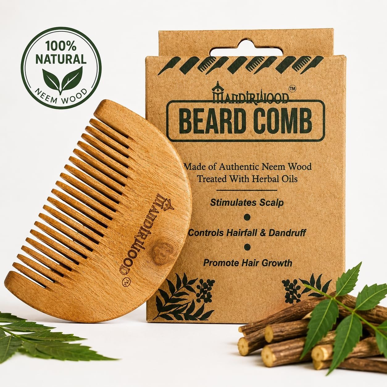 image (5) Mandirwood Neem Wood Beard Comb for Men | 100% Natural Anti-Static Beard & Mustache Grooming Comb with Herbal Oil Treatment - Image 1