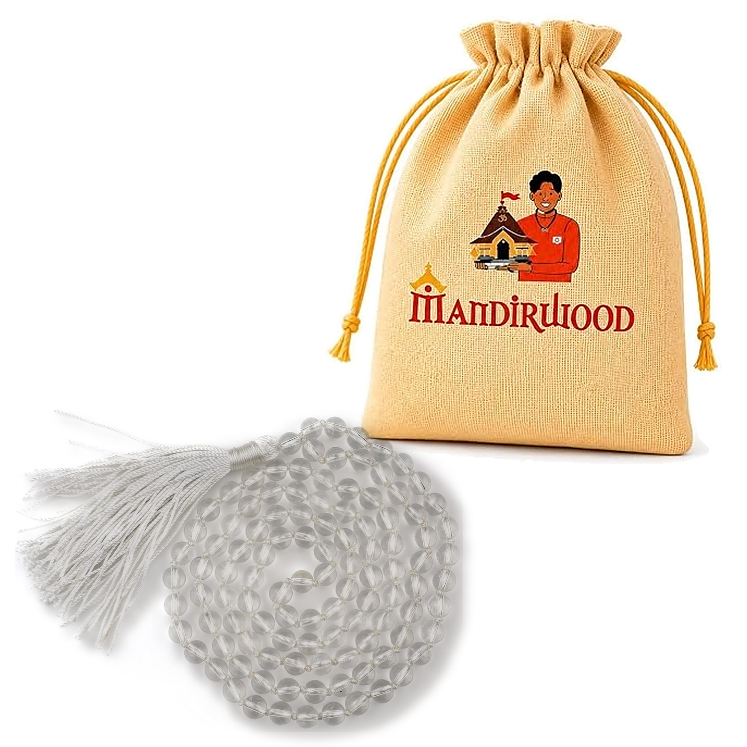mandirwood_crystal_mala_listing Mandirwood Authentic White Sphatik Mala | 108 Beads Authentic Sphatik Japa Mala | Crystal Prayer Beads for Chanting, Meditation & Puja - Image 1