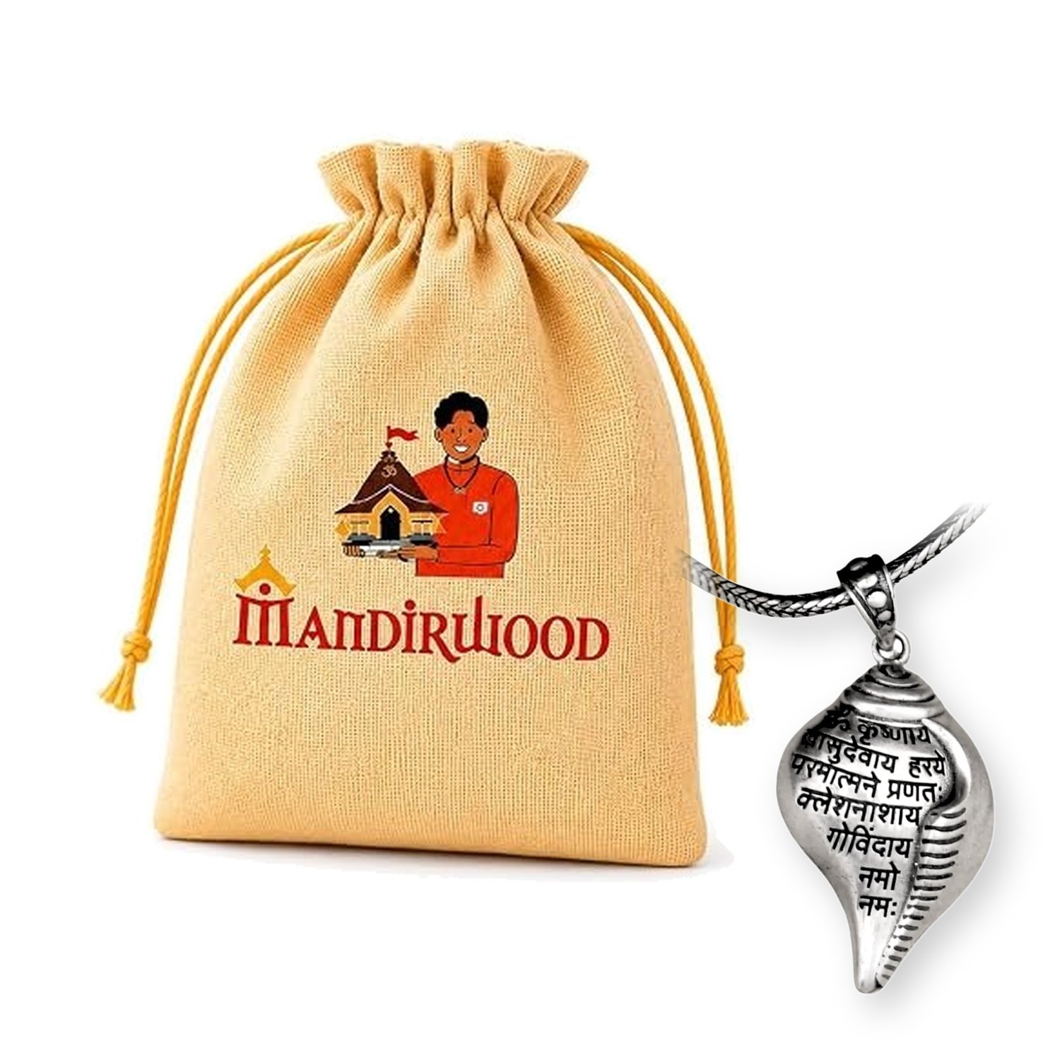 mandirwood_shankh_pendant_listing_1500x1500 Mandirwood Shankh (conch) Pendant with Premium Drawstring Pooja Pouch | Silver-Tone Shankh (Conch) Pendant | Spiritual Gift for Pooja, Devotion & Protection - Image 1